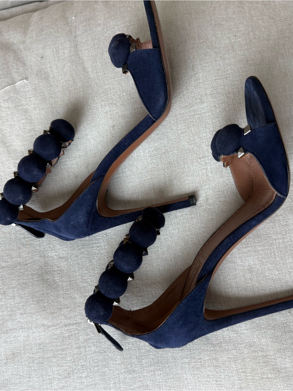 Alaia Navy Suede Pom-Pom Ankle Strap Stiletto Sandals